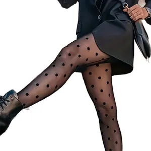 Classic black polka dot sheer tights for women, elegant thin anti-snag pantyhose