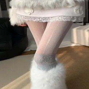 Close-up detail showing the intricate white hollow lace stockings with elegant diamond pattern