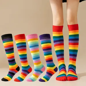 Women Rainbow Striped Over Knee Socks Breathable Cotton Thigh High Stockings For Halloween Dance Costume Casual Daily Wear