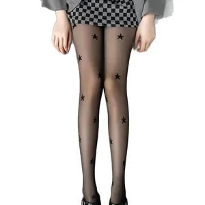 Trendy sheer black pantyhose featuring unique star print pattern for women legs