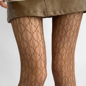 Sexy coffee diamond patterned hollow out lace mesh stockings for women fashion