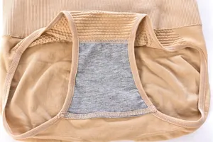 Detailed view of grey inner crotch lining and seamless fabric texture of tummy control panties.