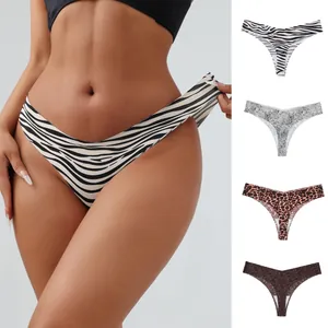 Women's Sexy Seamless Thong Athletic Yoga Leopard Zebra Print Breathable Mid Waist Plus Size Nylon Panties Bottom