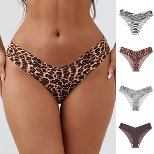 Culottes sans Couture Sexy pour Femmes Imprimé Léopard Taille Basse Soie de Glace Respirant Séchage Rapide Slips avec Entrejambe en Coton