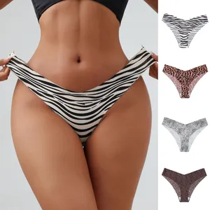 Culotte sexy sans couture en soie glacée pour femme avec motifs léopard et zèbre, taille basse