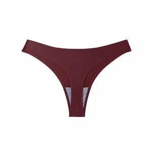 Elegant dark red seamless ice silk thong with breathable low-waist design for women