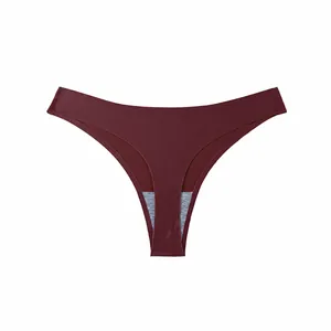 Elegant dark red seamless ice silk thong with breathable low-waist design for women