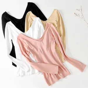 Women's Seamless Thermal Underwear Top Low Cut V-Neck Slim Fit Long Sleeve Base Layer Shirt Warm Constant Temperature Pullover Top