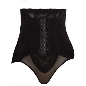 High waisted black tummy control shapewear panty featuring adjustable front hook and eye closure