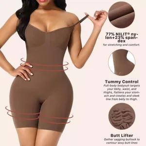 Detail view of brown tummy control bodysuit with material info and feature descriptions