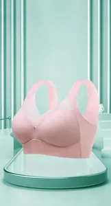 Close-up of pink seamless wire-free bra with mesh detailing and a comfortable fixed cup
