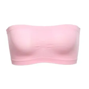 Detail view of the pink seamless breathable tube top featuring comfortable ribbed edges.