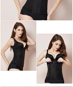 Close-up of black lace shapewear vest featuring six-row hook closure for tummy control.