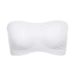 High-quality close-up of a white seamless breathable strapless bandeau bra for women