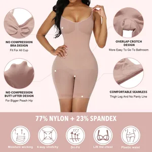 Seamless shapewear bodysuit detail showing fabric info and body contouring features