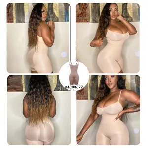 Detailed views of nude one-piece shapewear for tummy control and body contouring