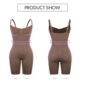 Detailed front and back view of brown tummy control bodysuit with butt lift features.