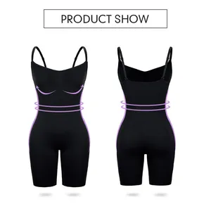High compression black one-piece shapewear bodysuit with front and back views for tummy control