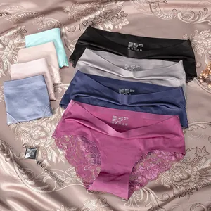 Culotte respirante sans couture en soie glacée pour femme avec dentelle et coton pur