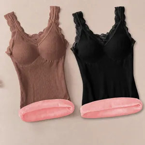 Women Lace Strap Thermal Vest Fleece Lined Thickened Slim Fit Sleeveless Tank Top Solid Color Warm Winter Base Layer Top
