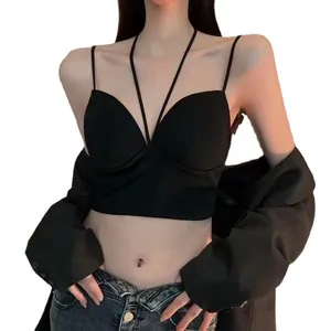 Sexy schwarzes Eisseide-Neckholder-Top mit tiefem V-Ausschnitt für Damen, schmale Passform