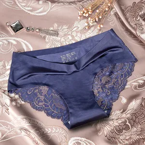 Culotte élégante en soie glacée bleue sans couture pour femme avec dentelle et coton