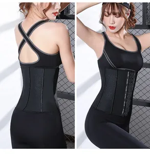 Close-up of black 9-bone latex fitness waist trainer showing front and back views on model