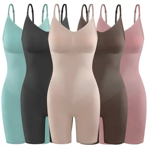 Seamless tummy control shapewear bodysuits in five colors with adjustable thin straps.