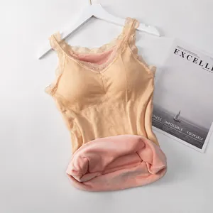 Women's warm thermal camisole with lace straps and thick fleece lining for winter