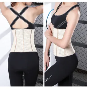Side and back view of a 9-bone latex waist trainer for fitness and postpartum support