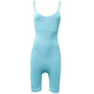 Professional front view of light blue one-piece tummy control shapewear bodysuit