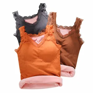 Three-pack fleece-lined thermal camisoles with elegant lace trim for winter base layer.
