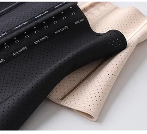 Close-up detail of breathable latex sports waist trainer with adjustable hook-and-eye closure.