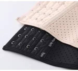 Detail view of breathable sports waist trainer showing adjustable hook-and-eye closures
