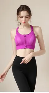 Reggiseno sportivo viola con cerniera anteriore e spalline regolabili per fitness e yoga