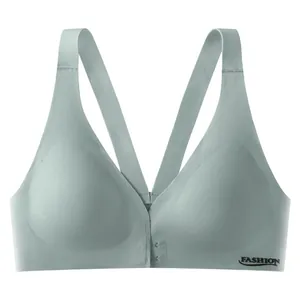 Seamless wireless V-neck bra with front closure in sage green, breathable soft fabric