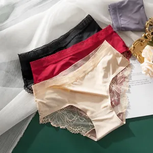Damen Nahtlose Eisseide Spitze Höschen Mittlere Taille Atmungsaktiv Sexy Hohl Slip mit Antibakteriellem Baumwollzwickel