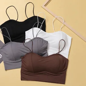 Damen Eisseide Unterhemd Bralette Push Up Dicke Polsterung Nahtlos Tiefer U-Rücken Dünne Träger BH Top Ärmellose Lingerie