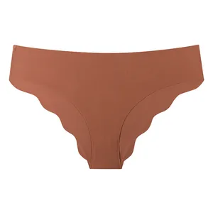 Seamless ice silk panties for women with scalloped edges and cotton crotch in terracotta