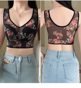 Detail view of a floral mesh bra with fixed cups, front and back perspectives.