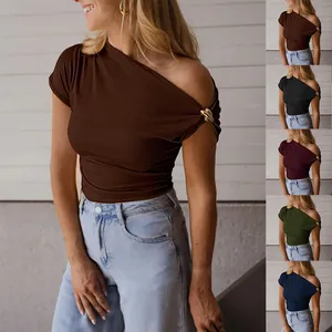 Women's Slim Fit Ribbed Polyester T-Shirt Solid Color Asymmetrical Cold Shoulder Top With Metal Ring Decoration Casual Daily Short Sleeve Tee