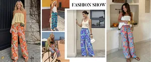 Collage de femmes portant des pantalons larges à fleurs taille haute lors d'un défilé.