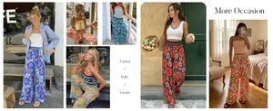 Pantalon large à imprimé floral varié présenté dans divers contextes de la vie quotidienne