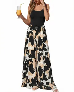 Close-up of summer jumpsuit with black tank top and floral wide-leg trousers