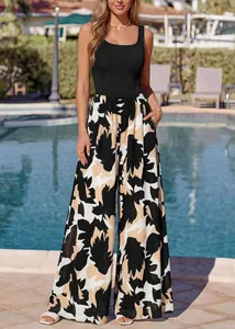 Detailed view of women's summer sleeveless square-neck jumpsuit with abstract printed wide-leg pants
