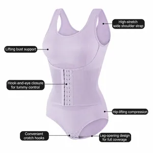 Light purple women's full body shapewear with tummy control and hook-and-eye closure
