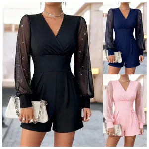 Damen Sexy V-Ausschnitt Pailletten Mesh Patchwork Einteiler Eleganter High Waist Langarm Jumpsuit Shorts Party Bodycon Clubwear