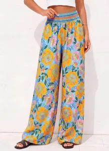 Pantalon bohème à fleurs taille haute et jambes larges pour femmes style d'été