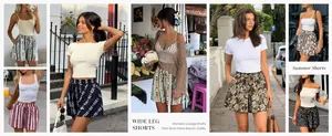 Collage of women wearing stylish high-waisted floral wide-leg shorts in summer settings