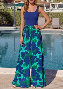 Summer sleeveless square neck jumpsuit with green leaf print wide leg trousers outfit